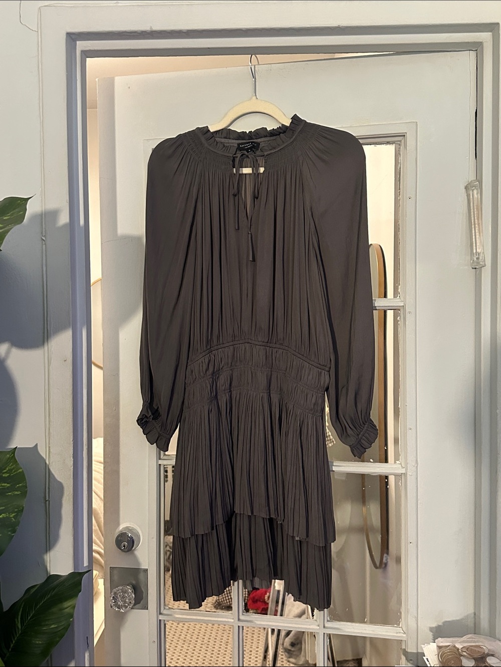 Current Air Pleated Long-Sleeve Mini Dress in Charcoal